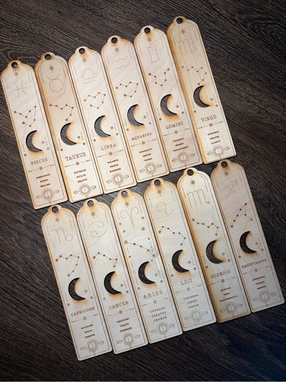 Zodiac Wooden Bookmark Set - Natural Wood Moon Design